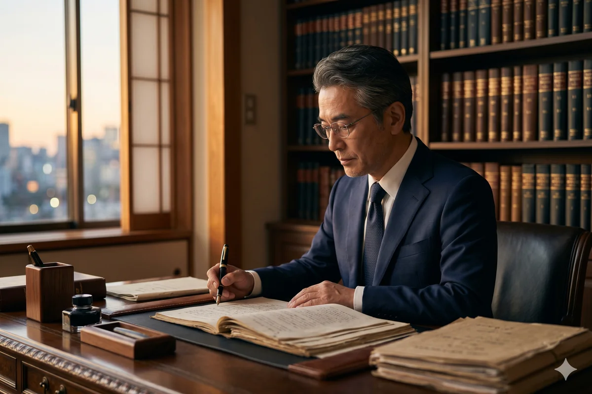 代表弁護士 田村健一郎が書類を読み込み、案件を検討する執務シーン